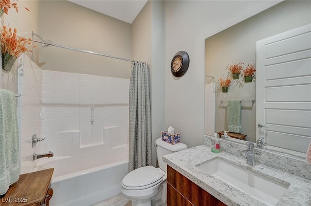 full bathroom featuring toilet, vanity, and shower / tub combo with curtain