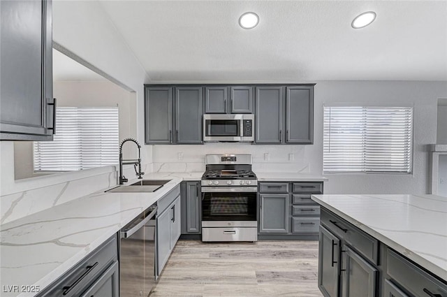 kitchen with sink, gray cabinetry, and stainless steel appliances