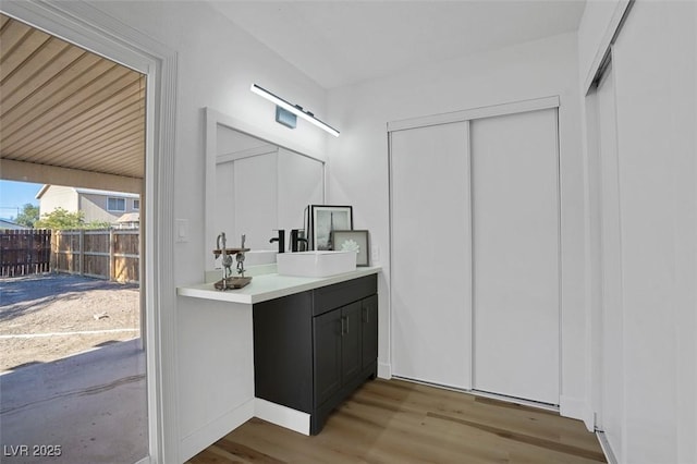 bathroom with wood-type flooring and vanity