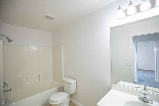 full bathroom with toilet, vanity, and bathing tub / shower combination