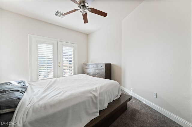 carpeted bedroom featuring access to exterior, french doors, and ceiling fan