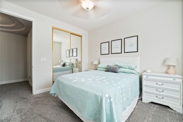 carpeted bedroom with ceiling fan and a closet