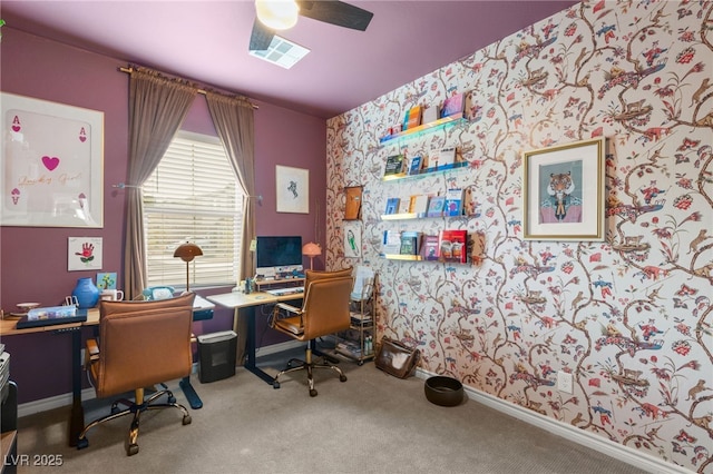 home office featuring carpet and ceiling fan