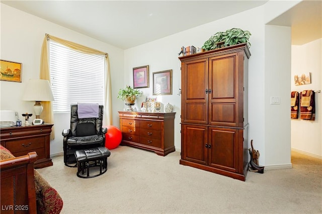 living area featuring light carpet