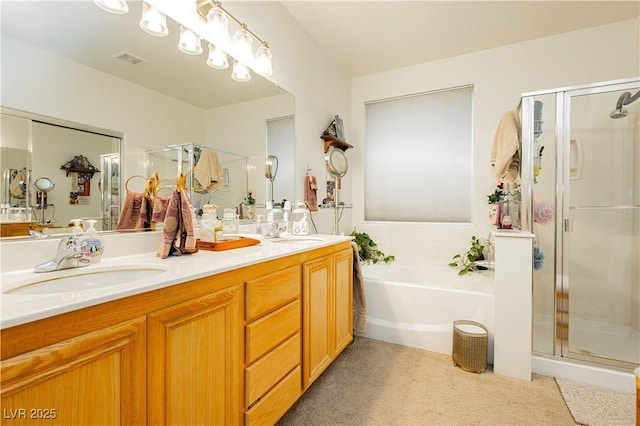 bathroom featuring plus walk in shower and vanity