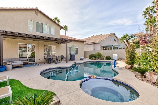 view of swimming pool featuring area for grilling, a patio area, an outdoor hangout area, and an in ground hot tub