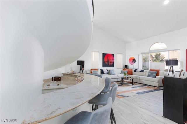 living room featuring light hardwood / wood-style floors and high vaulted ceiling