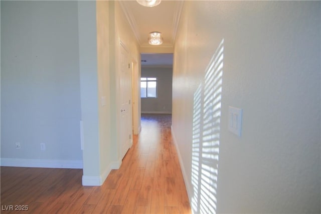 hallway with ornamental molding and light wood-type flooring