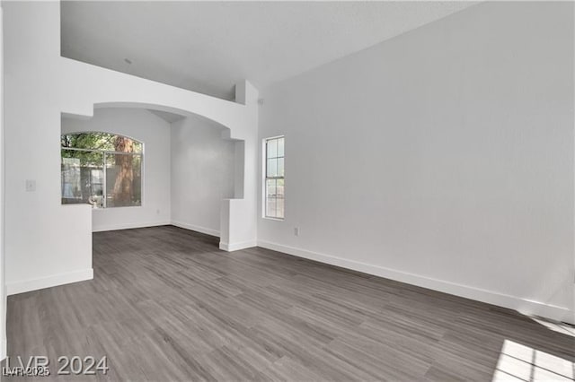 unfurnished room featuring plenty of natural light, lofted ceiling, and dark wood-type flooring