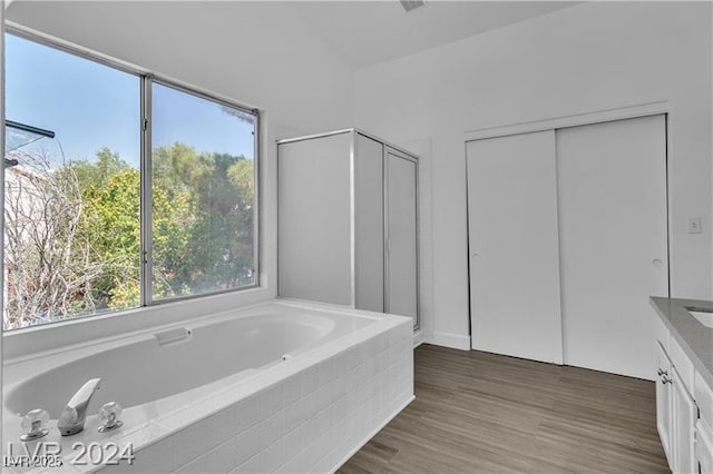 bathroom featuring wood-type flooring, vanity, and shower with separate bathtub