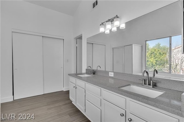 bathroom featuring wood-type flooring, vanity, and lofted ceiling