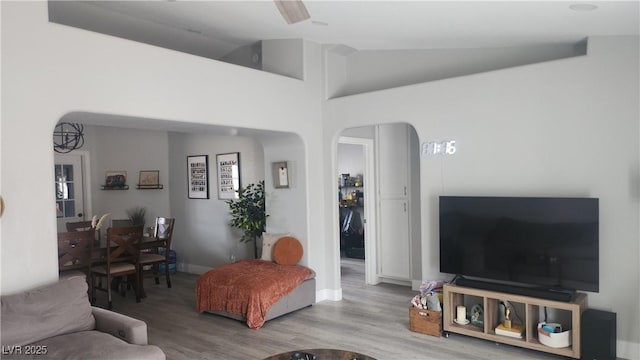 living room featuring hardwood / wood-style flooring and lofted ceiling