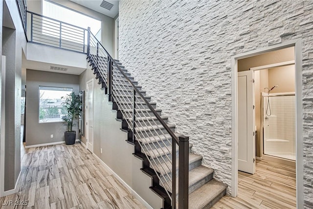 stairs with a towering ceiling