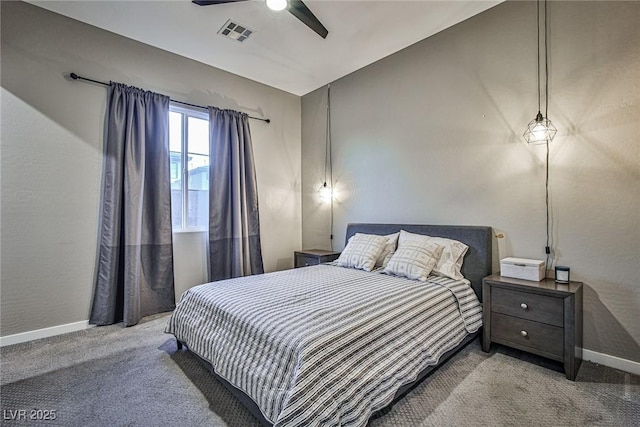 bedroom featuring ceiling fan and light colored carpet