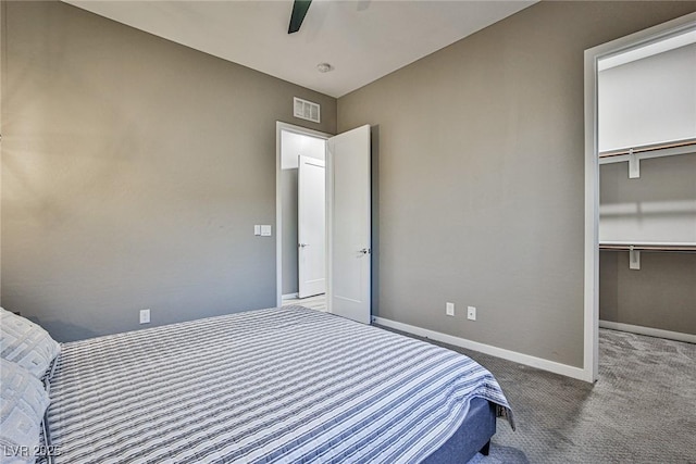 carpeted bedroom with a walk in closet, ceiling fan, and a closet