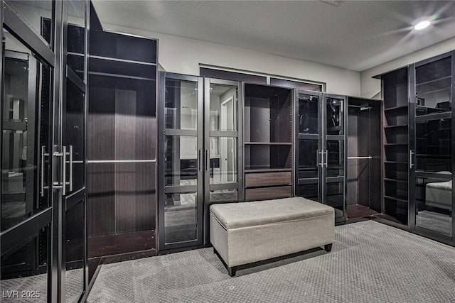 walk in closet with french doors and carpet