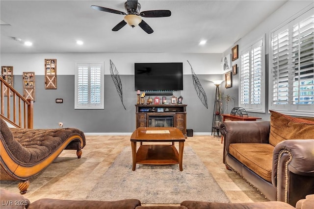 living room featuring ceiling fan