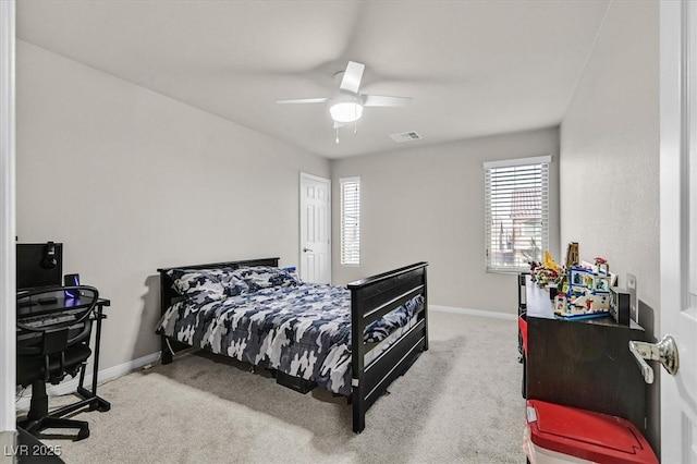 bedroom featuring carpet flooring and ceiling fan