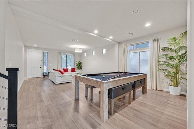 playroom featuring light hardwood / wood-style floors and billiards