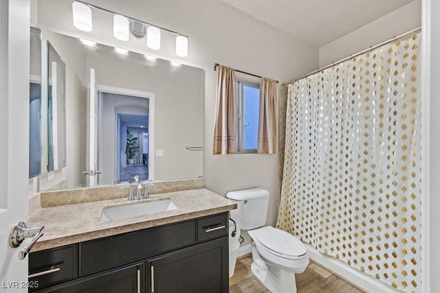 bathroom with wood-type flooring, vanity, toilet, and curtained shower