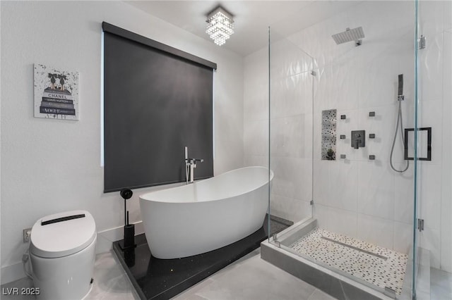 bathroom featuring toilet and shower with separate bathtub