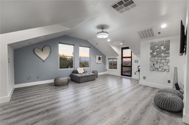 sitting room with wood-type flooring and vaulted ceiling