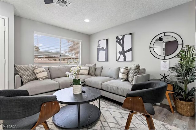 living room with a textured ceiling and light hardwood / wood-style flooring