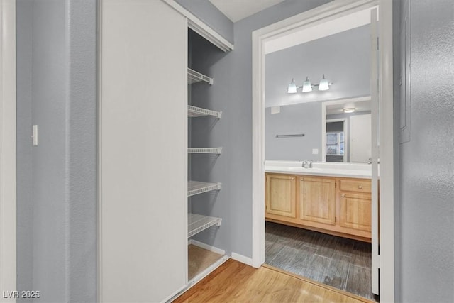 bathroom with vanity and hardwood / wood-style flooring