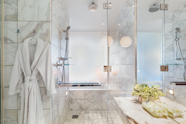 bathroom with an enclosed shower and tile walls