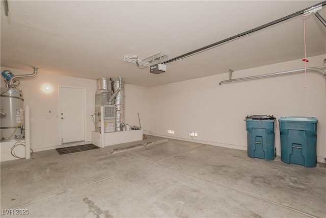 garage with secured water heater, a garage door opener, and heating unit