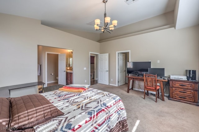 carpeted bedroom with an inviting chandelier, ensuite bathroom, and lofted ceiling