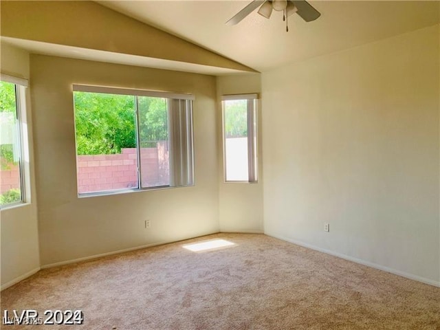 unfurnished room with carpet flooring, ceiling fan, a healthy amount of sunlight, and vaulted ceiling