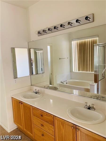 bathroom with vanity and plus walk in shower