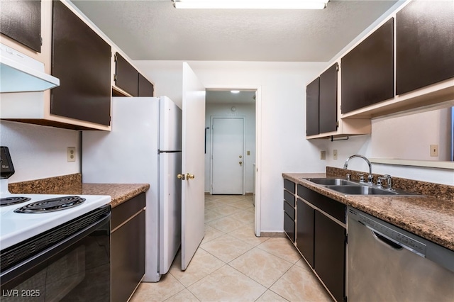 kitchen featuring stainless steel dishwasher, ventilation hood, sink, white electric stove, and light tile patterned flooring