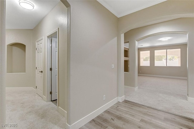 corridor with ornamental molding and light carpet