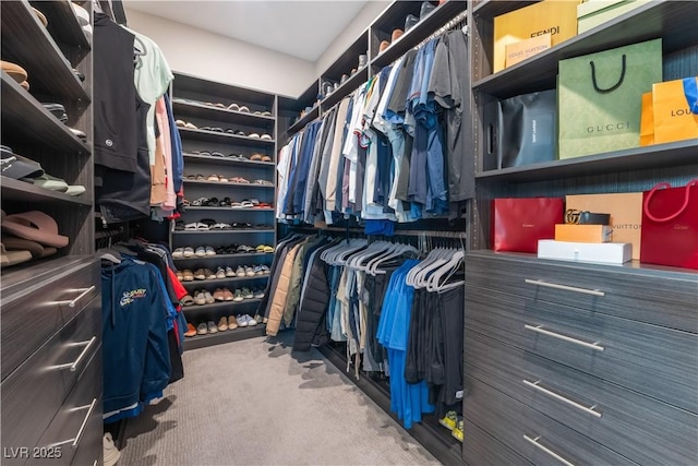 walk in closet featuring light colored carpet