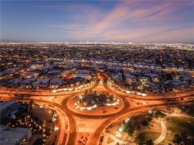 view of aerial view at dusk