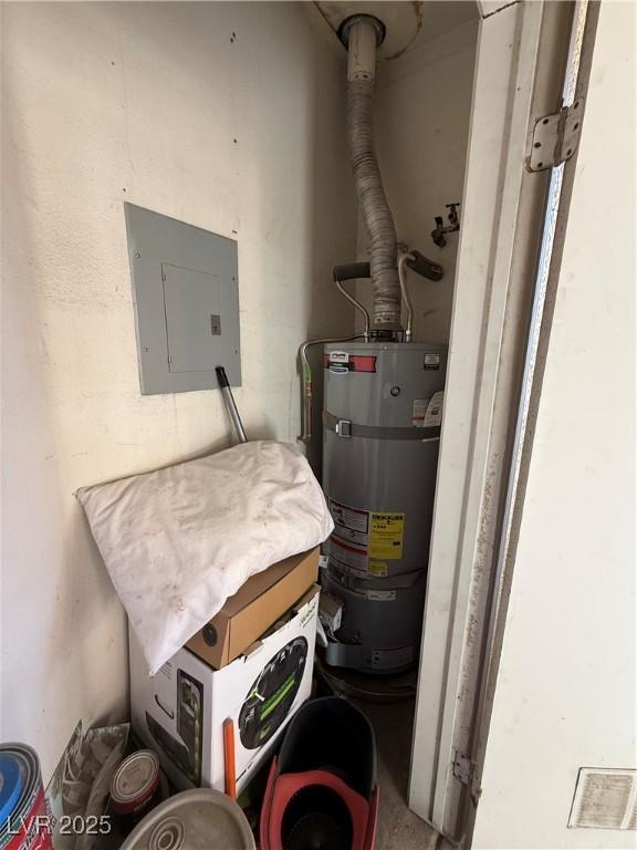 utility room featuring strapped water heater and electric panel