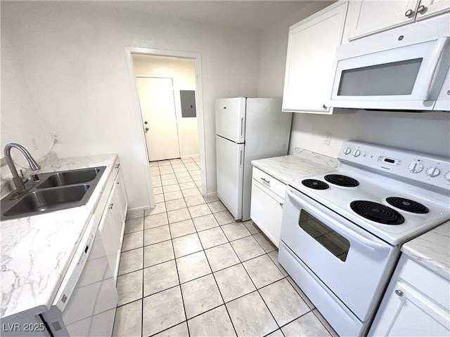 kitchen featuring light stone countertops, white appliances, sink, electric panel, and white cabinetry