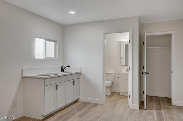 bathroom with hardwood / wood-style flooring, vanity, and toilet