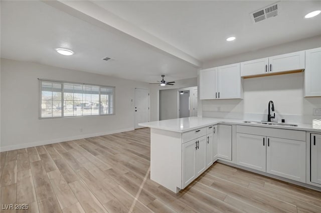 kitchen with white cabinetry, kitchen peninsula, sink, and light wood-type flooring