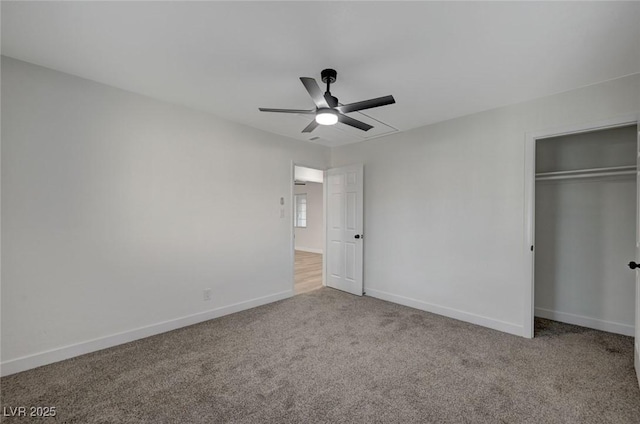 unfurnished bedroom with light colored carpet, a closet, and ceiling fan