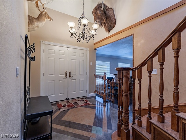 entrance foyer with an inviting chandelier