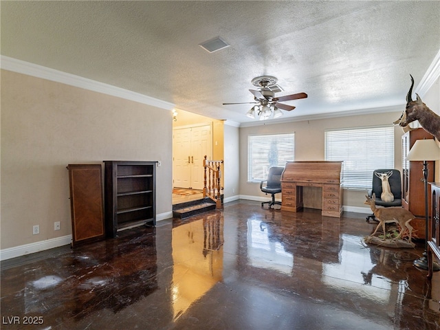 interior space featuring crown molding, ceiling fan, and a textured ceiling