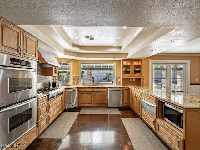 kitchen featuring sink, a healthy amount of sunlight, range hood, a tray ceiling, and appliances with stainless steel finishes