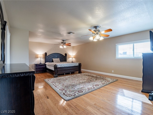 bedroom featuring ceiling fan, a textured ceiling, and light hardwood / wood-style flooring