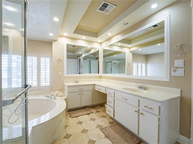 bathroom featuring a raised ceiling, vanity, and a bath