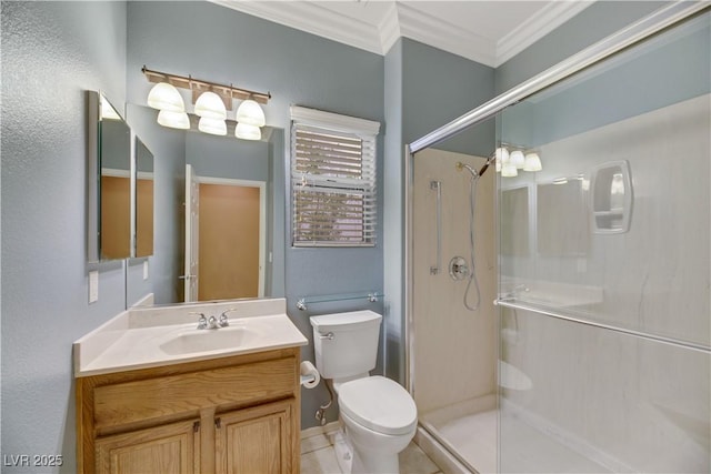 bathroom featuring toilet, an enclosed shower, ornamental molding, and vanity