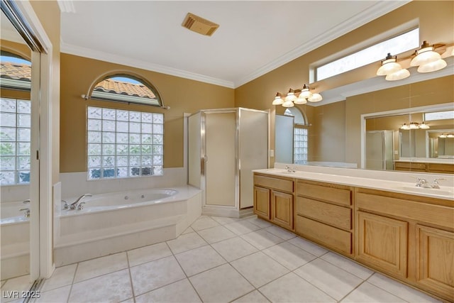 bathroom featuring separate shower and tub, tile patterned flooring, and vanity