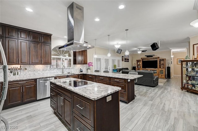 kitchen with ceiling fan, hanging light fixtures, stainless steel dishwasher, kitchen peninsula, and island range hood